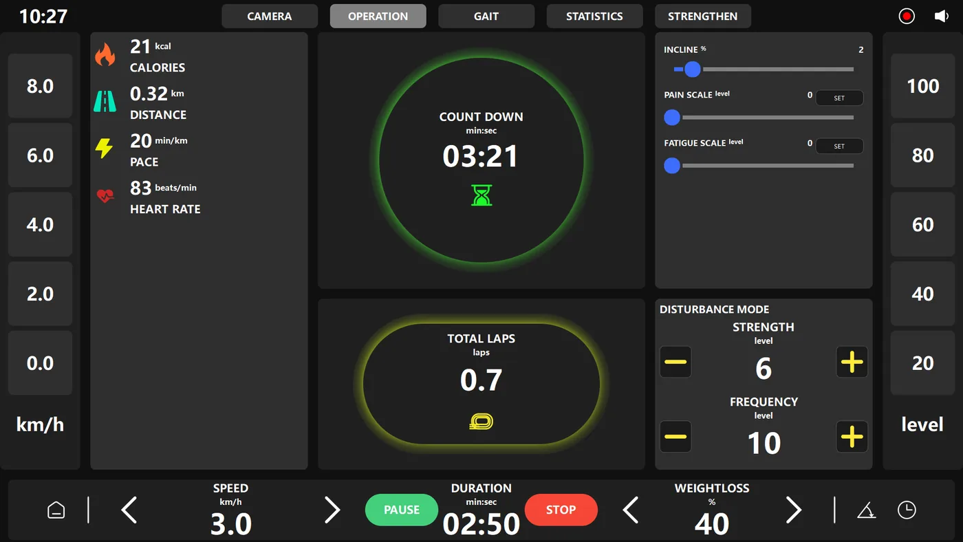 Operation screen with speed, weight support, incline, pain and fatigue scales and disturbance mode